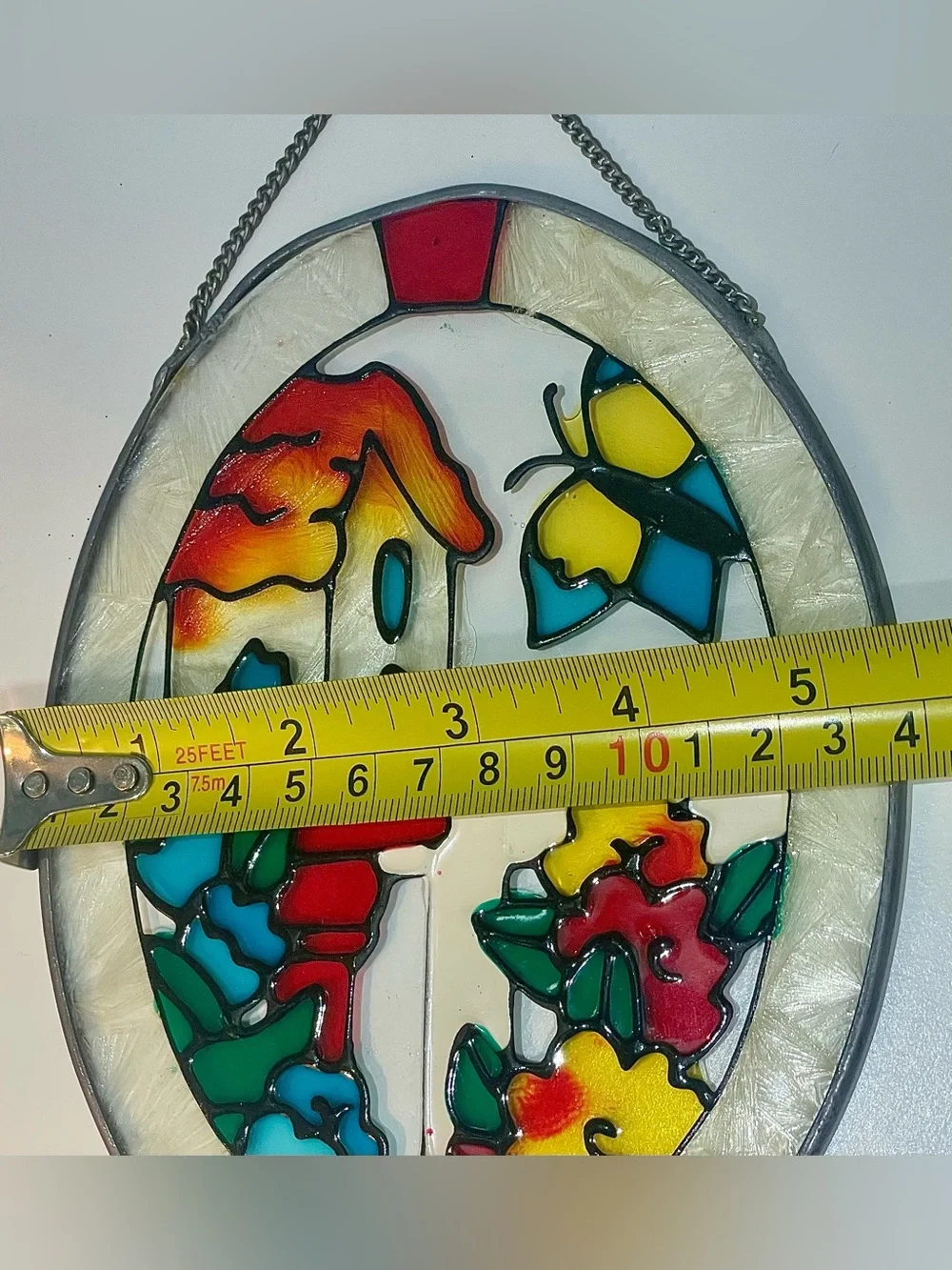 Faux Stained Glass Birdhouse & Butterfly Oval Suncatcher